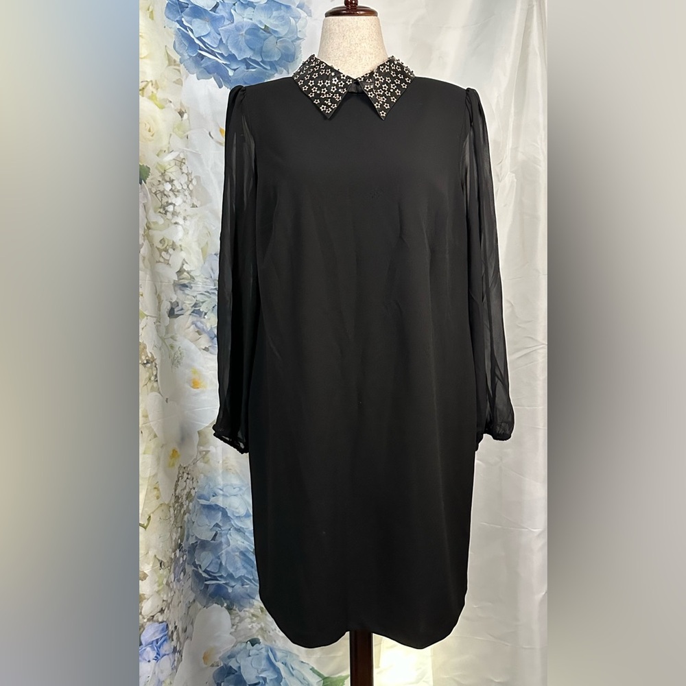 Black Floral Embellished dress. Sheer sleeves.